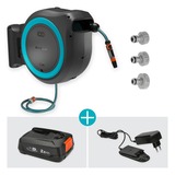GARDENA 40 m Wand-slangenbox Powerroll XXL slanghaspel Grijs/turquoise, 40 meter, Accu en oplader inbegrepen, POWER FOR ALL ALLIANCE