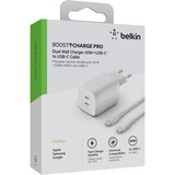 Belkin BoostCharge Pro 2-poorts USB-C GaN-wandlader met PPS (65 W) + USB-C/USB-C-kabel Wit