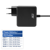 ACT Connectivity USB-C laptoplader 100W met Power Delivery-profielen, 2 meter Zwart