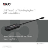 Club 3D USB-C naar Triple DisplayPort MST Hub Zwart, 4K60Hz