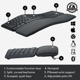 Logitech K860 ERGO Keyboard Zwart, 100%, Bluetooth, US international ISO