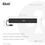 Club 3D 10-1 Portable Dock USB Type-C 10Gbps to HDMI 8K30Hz PD3.1 Max.140 Watt dockingstation Zwart, HDMI, USB-C, LAN