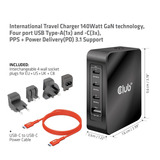 Club 3D Internationale reislader 140 Watt GaN-technologie Zwart, USB-A, USB-C, PPS + PD 3.1