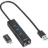 Sharkoon 3-Port USB 3.2 Gen 1 Aluminium Hub + RJ45 Ethernet Adapter dockingstation Zwart