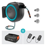 GARDENA 35 m Wand-slangenbox Powerroll XL slanghaspel Grijs/turquoise, 35 meter, Accu en oplader inbegrepen, POWER FOR ALL ALLIANCE