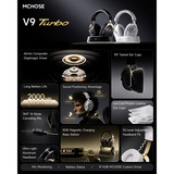 MCHOSE V9 Turbo+ Magnetic Wireless  over-ear gaming headset Wit/zilver, Nintendo Switch, PlayStation 4, PlayStation 5, Mobiel, Pc, 2.4G / Bluetooth / USB