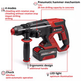 EINHELL Accu Boorhamer TE-HD 18/20 Li (1x4,0Ah) Rood/zwart, Incl. 1x 4.0 Ah Power X-Change accu en lader