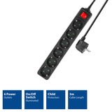ACT Connectivity Stekkerdoos met lichtgevende schakelaar, 6 sockets, 3 m, zwart stekkerdoos Zwart