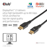 Club 3D Gecertificeerde DisplayPort 2.1 kabel Zwart, 2 meter, 10K