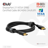 Club 3D Gecertificeerde Displayport 2.1 VESA DP80 kabel Zwart, 2 meter, 8K 240Hz, 10K 60Hz, 80Gbps