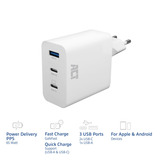 ACT Connectivity USB-C/USB-A lader 65W 3-poorts met Power Delivery PPS, QuickCharge en GanFast Wit