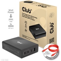 Club 3D Travel Charger 132W GAN technology, Four port USB Type-A and -C Zwart, Power Delivery(PD) 3.0