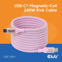Club 3D USB-C Magnetic-Coil 240W PD3.1 Pink Cable, 2 meter kabel Roze