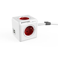 Allocacoc PowerCube Extended, stekkerdoos met 2x USB stekkerdoos Wit/rood, 1,5 meter kabel