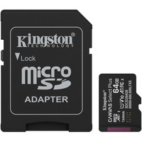 Kingston Canvas Select Plus 64 GB MicroSDXC geheugenkaart Zwart, UHS-I U1, Class 10, V10, Incl. SD Adapter
