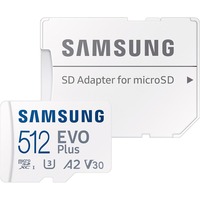 Samsung EVO Plus microSDXC (2024), 512 GB geheugenkaart Wit, U3, V30, A2, Incl. SD-Adapter