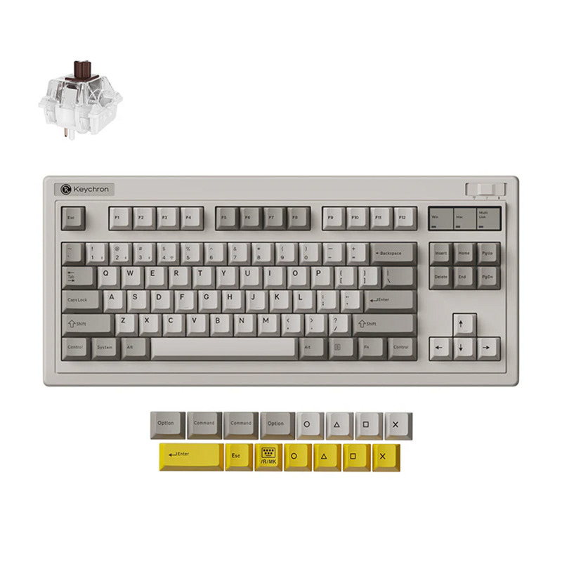 Keychron r3-m3 qmk wireless mechanical keyboard (grijs, us lay-out (qwerty), super brown, 80% (tkl), rgb, cherry pbt, hot swap, 2.4 ghz / bluetooth 5.3 / usb-c)