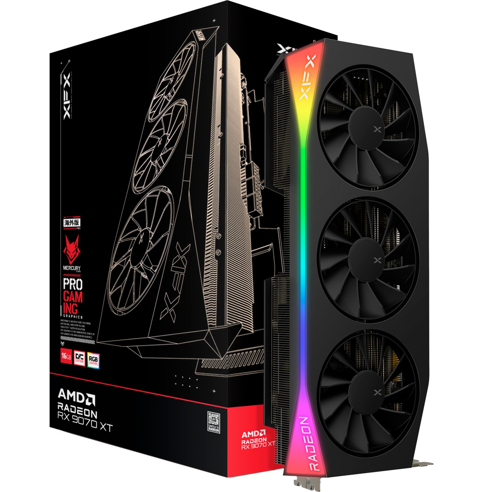 XFX radeon rx 9070 xt oc mercury rgb grafische kaart (zwart, rdna4, gddr6, 3x displayport, 1x hdmi 2.1)