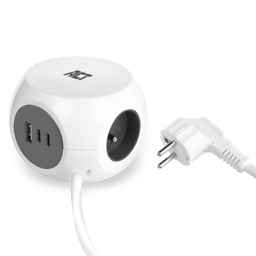 ACT Connectivity Act stekkerdoos kubus met 3 stopcontacten, 30w power delivery usb-c/a poorten, kabellengte 1,5m ac2425