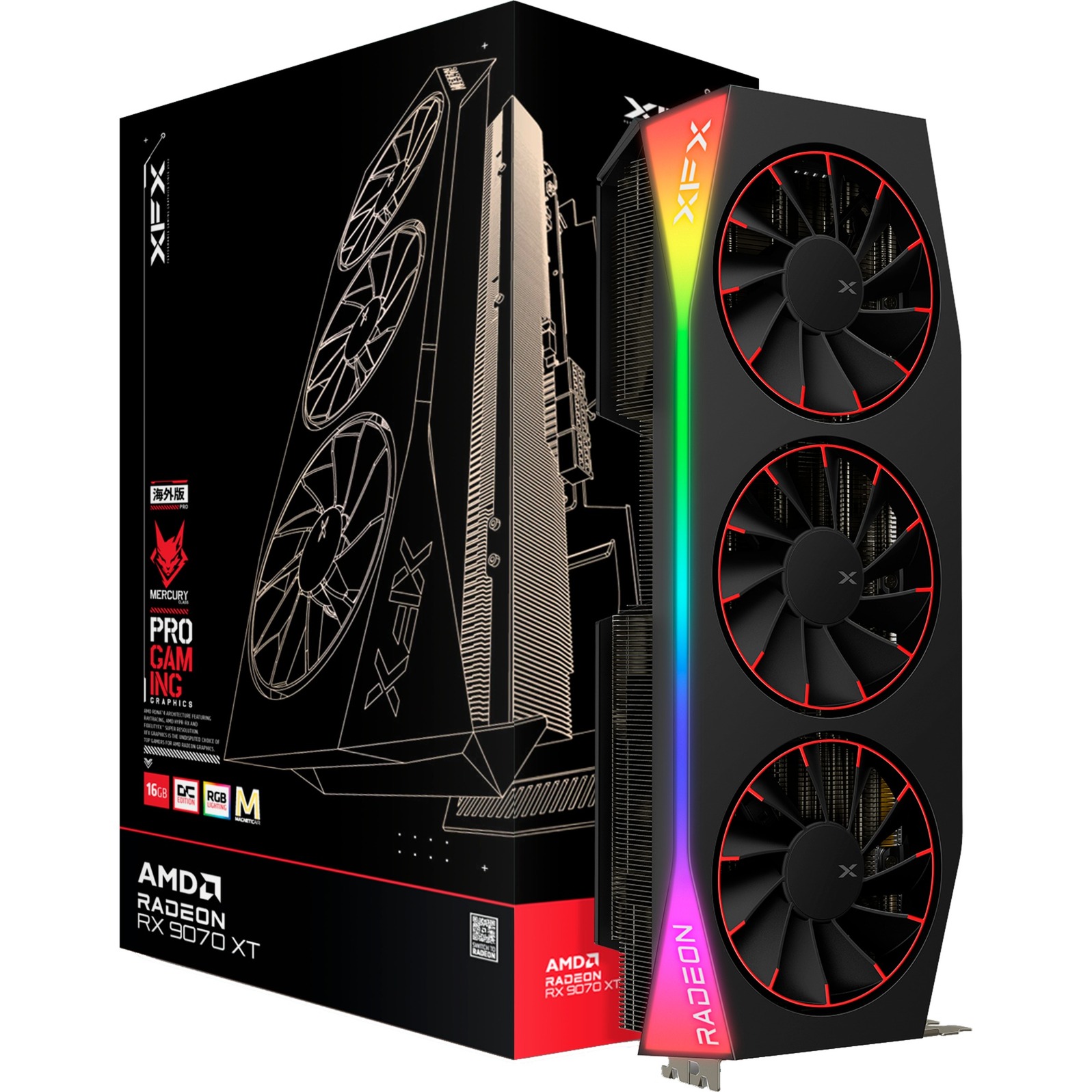 XFX radeon rx 9070 xt oc mercury rgb magnetic air grafische kaart (zwart, rdna4, gddr6, 3x displayport, 1x hdmi 2.1)