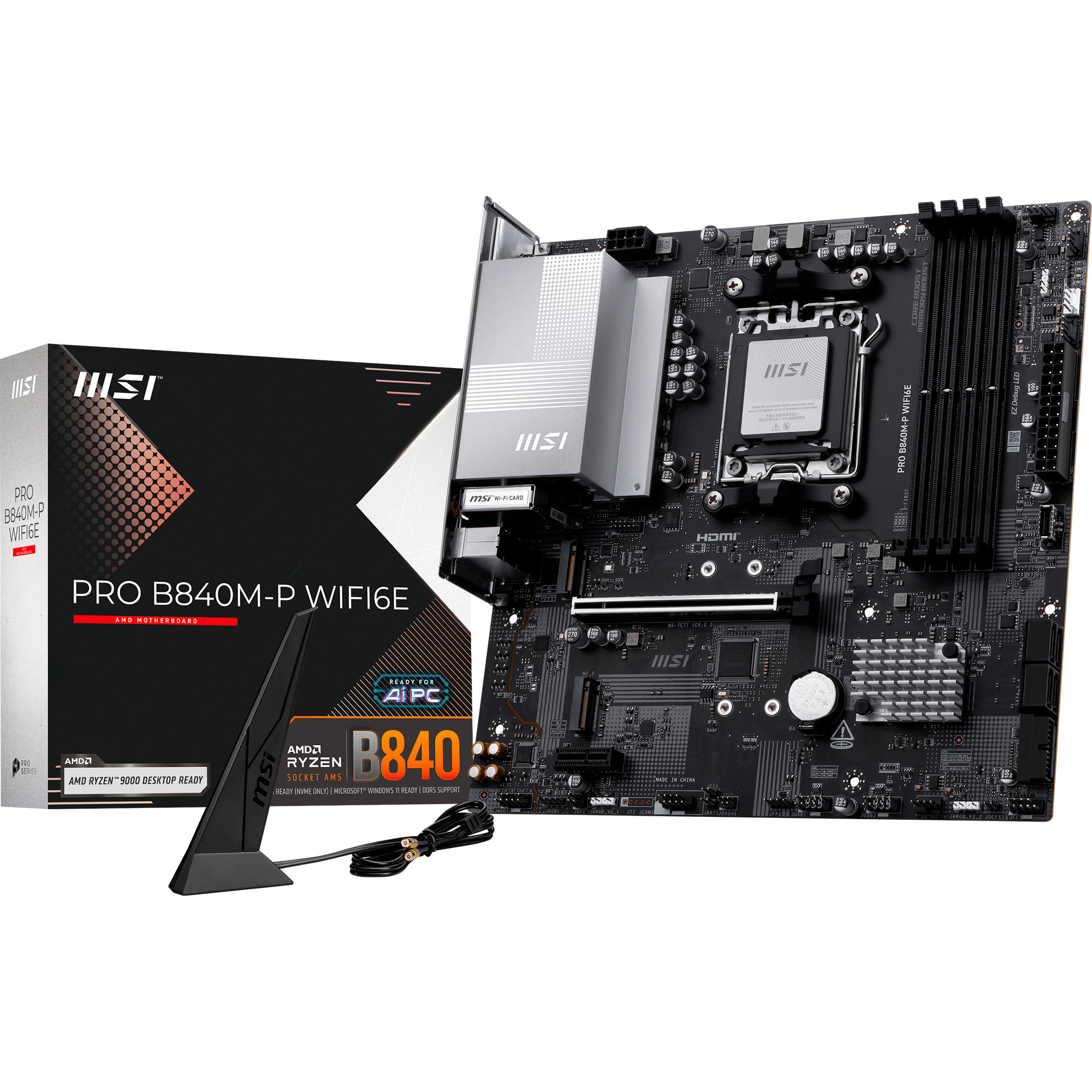 MSI pro b840m-p wifi6e socket am5 moederbord (zwart/zilver, raid, 2.5 gb-lan, wi-fi 6e, bt, sound, µatx)