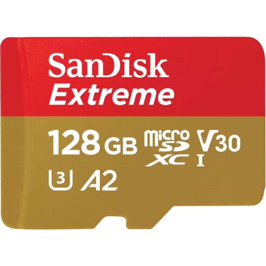 SanDisk extreme microsdxc 128 gb geheugenkaart (uhs-i u3, class 10, v30, a2, incl. adapter) afbeelding
