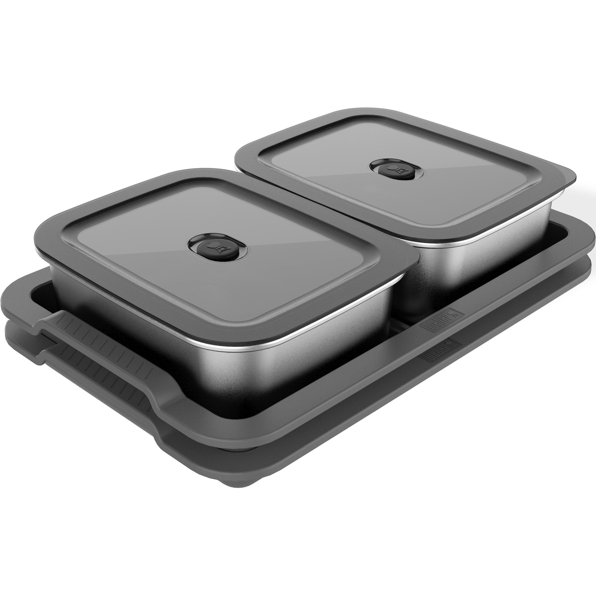 Weber works-voorbereidings- en serveerset container (roestvrij staal/grijs, 2 roestvrijstalen vershoudbakjes, 2 dienbladen, 1,8 liter per bakje)